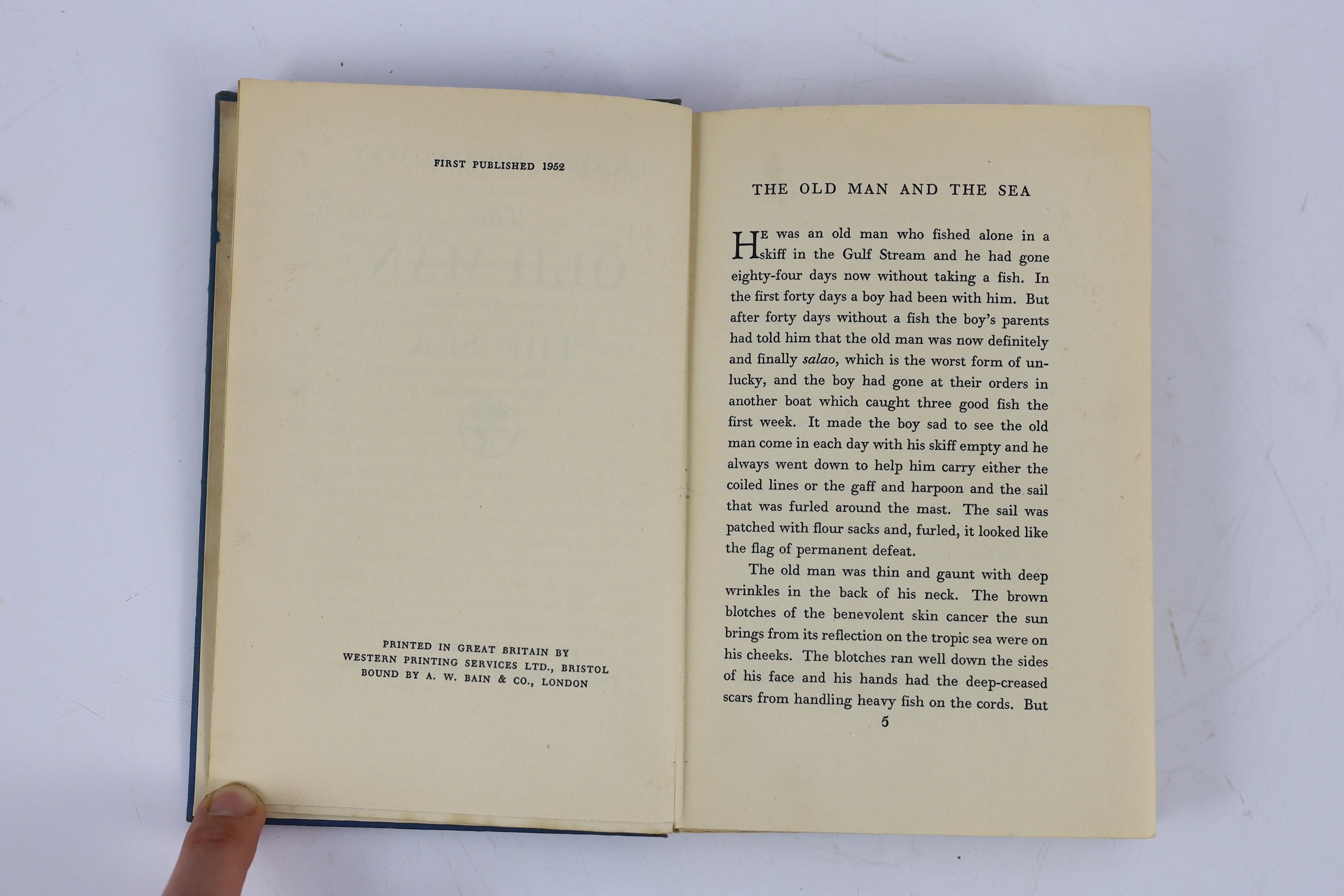 Hemingway, Ernest - The Old Man and the Sea, 1st UK edition, 8vo, the unclipped d/j with loss to right front panel and spine head, ownership inscription to front fly leaf, Jonathan Cape, London, 1952
